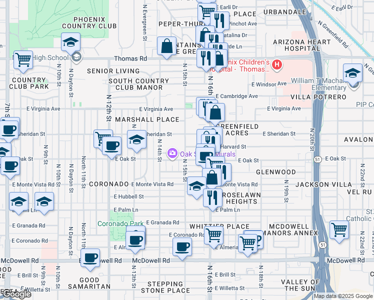 map of restaurants, bars, coffee shops, grocery stores, and more near 1501 East Harvard Street in Phoenix