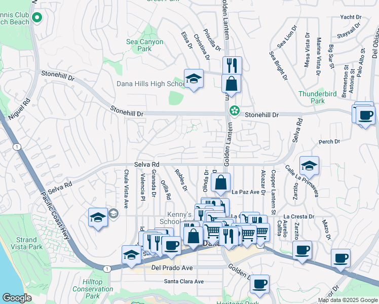 map of restaurants, bars, coffee shops, grocery stores, and more near 24616 Polaris Drive in Dana Point