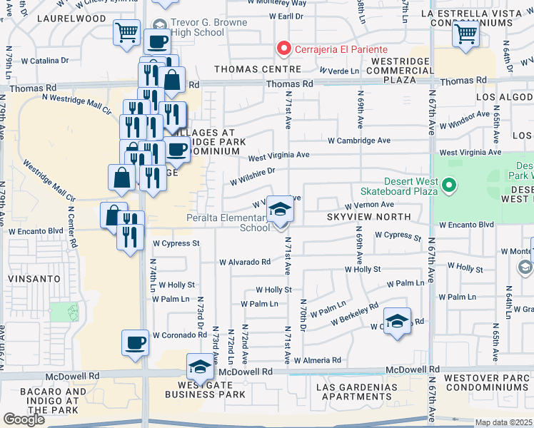 map of restaurants, bars, coffee shops, grocery stores, and more near 2314 North 71st Drive in Phoenix