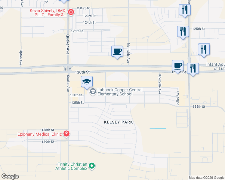 map of restaurants, bars, coffee shops, grocery stores, and more near 3817 133rd Street in Lubbock
