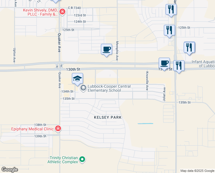 map of restaurants, bars, coffee shops, grocery stores, and more near 3811 133rd Street in Lubbock