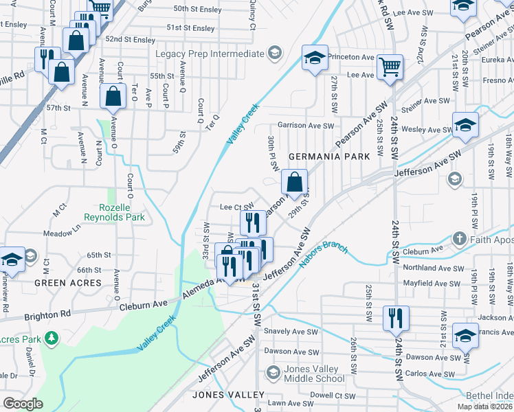 map of restaurants, bars, coffee shops, grocery stores, and more near 3105 Lee Court Southwest in Birmingham