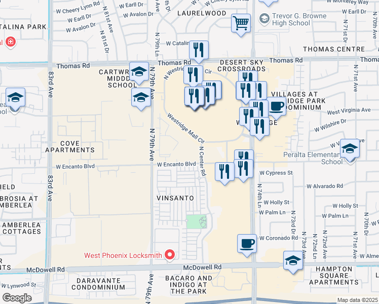 map of restaurants, bars, coffee shops, grocery stores, and more near N Center Rd in Phoenix