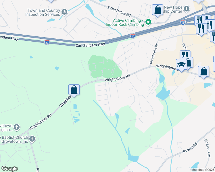 map of restaurants, bars, coffee shops, grocery stores, and more near 1111 Bison Way in Grovetown