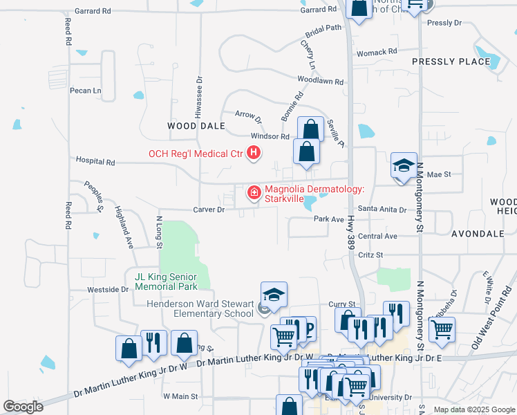 map of restaurants, bars, coffee shops, grocery stores, and more near 304 Carver Drive in Starkville
