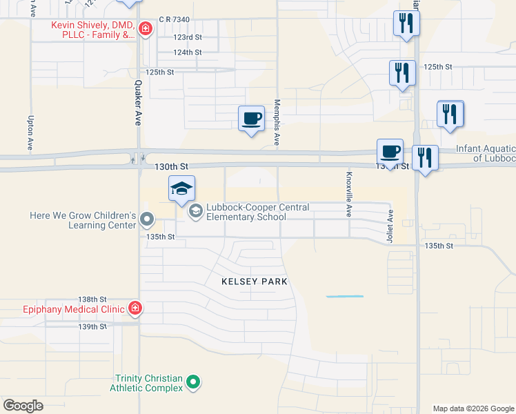 map of restaurants, bars, coffee shops, grocery stores, and more near 3809 133rd Street in Lubbock
