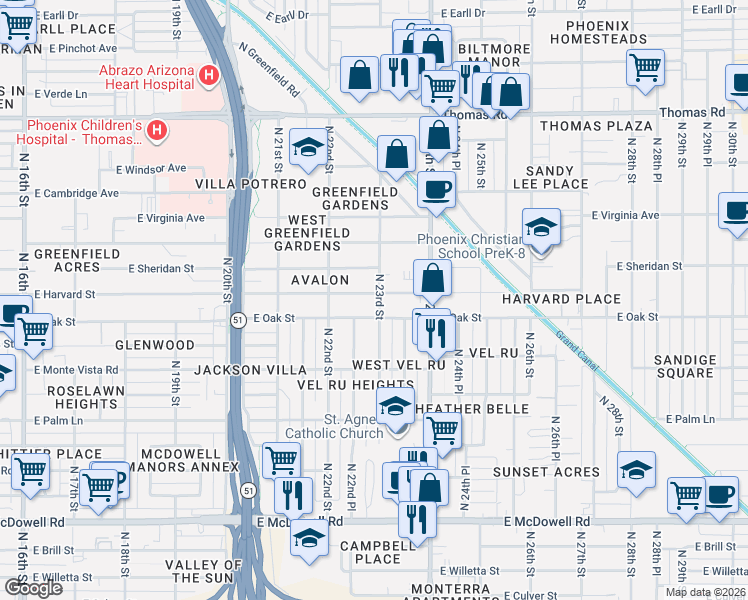 map of restaurants, bars, coffee shops, grocery stores, and more near 2308 East Harvard Street in Phoenix