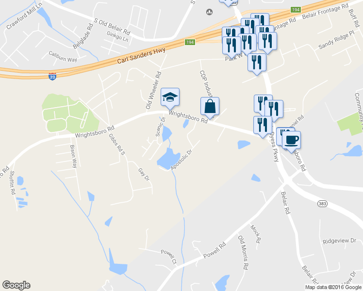 map of restaurants, bars, coffee shops, grocery stores, and more near 4406 Wrightsboro Road in Grovetown