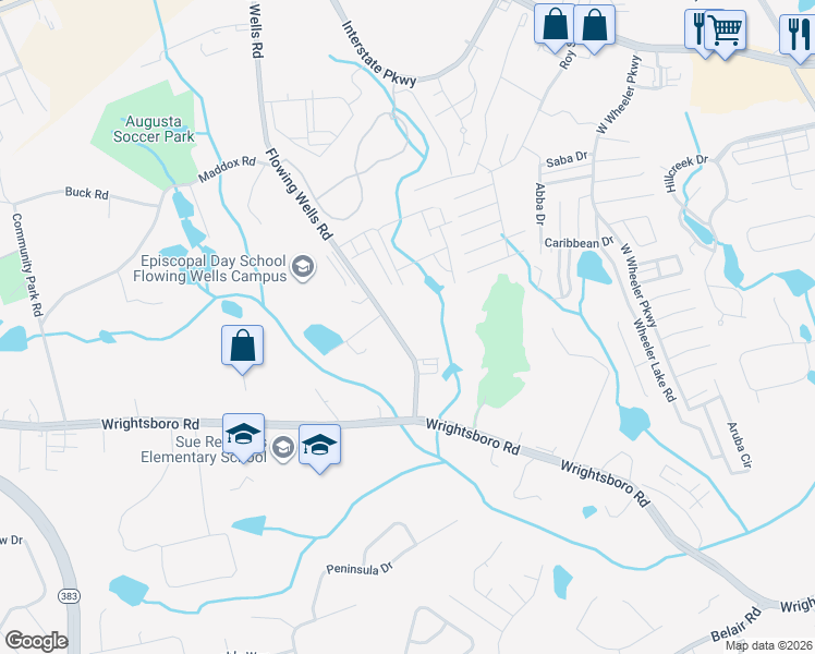 map of restaurants, bars, coffee shops, grocery stores, and more near 1408 Flowing Wells Road in Augusta