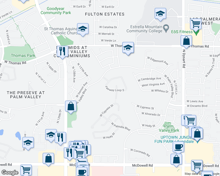 map of restaurants, bars, coffee shops, grocery stores, and more near 13570 Fairway Loop South in Goodyear