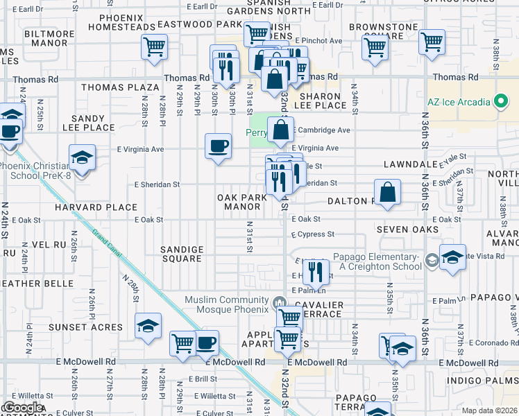 map of restaurants, bars, coffee shops, grocery stores, and more near 2323 North 31st Place in Phoenix