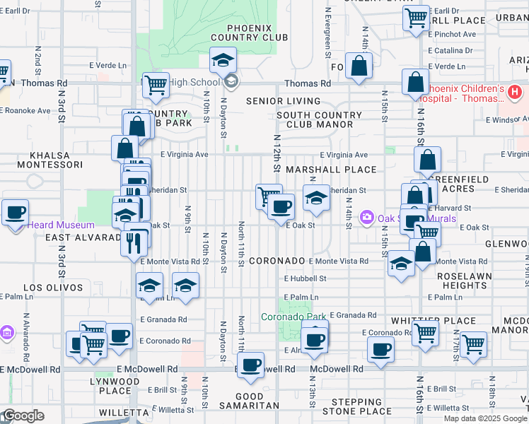 map of restaurants, bars, coffee shops, grocery stores, and more near 2326 North Mitchell Street in Phoenix