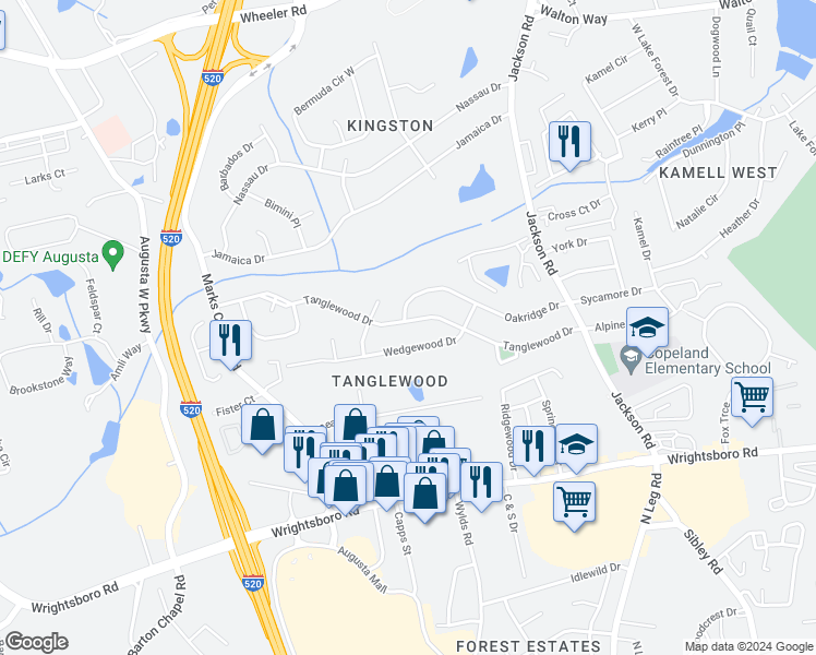 map of restaurants, bars, coffee shops, grocery stores, and more near 3348 Tanglewood Drive in Augusta