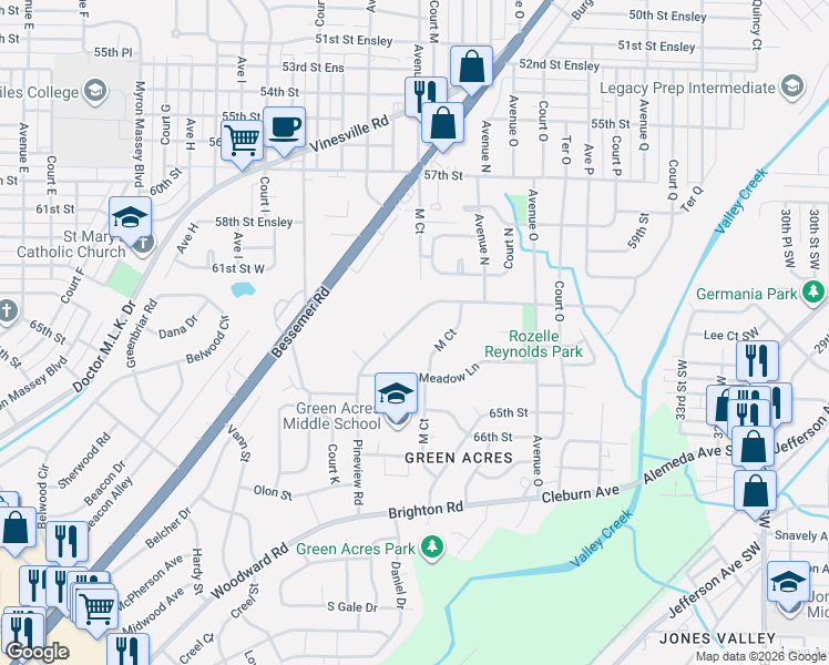 map of restaurants, bars, coffee shops, grocery stores, and more near 1247 Pineview Road in Birmingham