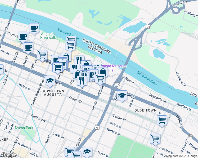 map of restaurants, bars, coffee shops, grocery stores, and more near 533 Broad St in Augusta