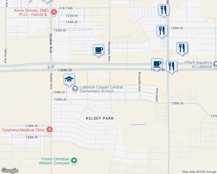 map of restaurants, bars, coffee shops, grocery stores, and more near 3801 133rd Street in Lubbock