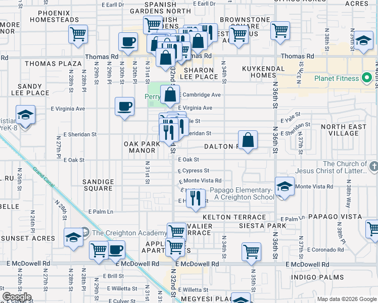 map of restaurants, bars, coffee shops, grocery stores, and more near 3244 East Harvard Street in Phoenix