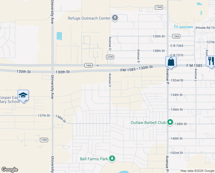 map of restaurants, bars, coffee shops, grocery stores, and more near 136th Street in Lubbock