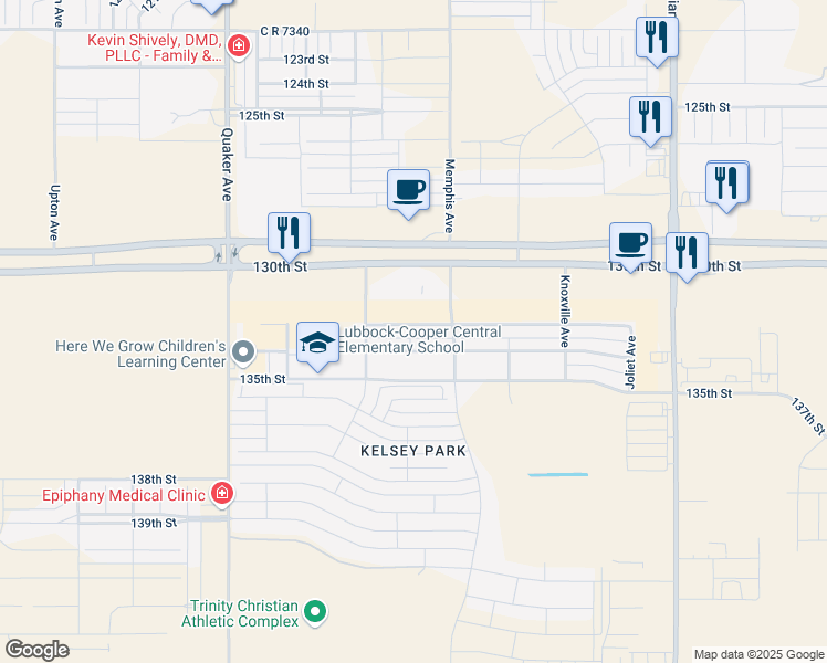 map of restaurants, bars, coffee shops, grocery stores, and more near 3814 133rd Street in Lubbock