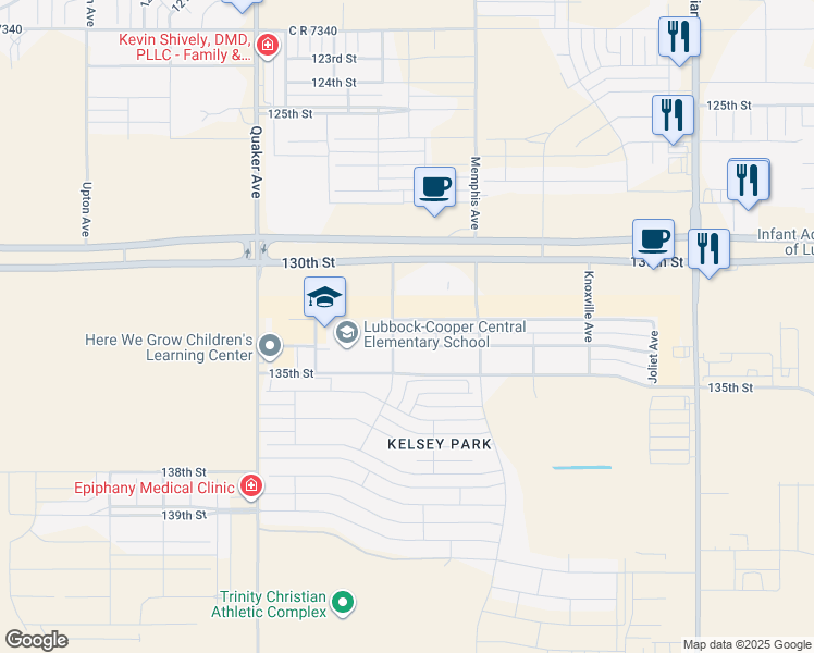 map of restaurants, bars, coffee shops, grocery stores, and more near 3824 133rd Street in Lubbock