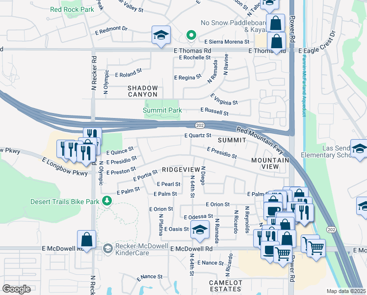 map of restaurants, bars, coffee shops, grocery stores, and more near 3210 North 64th Street in Mesa