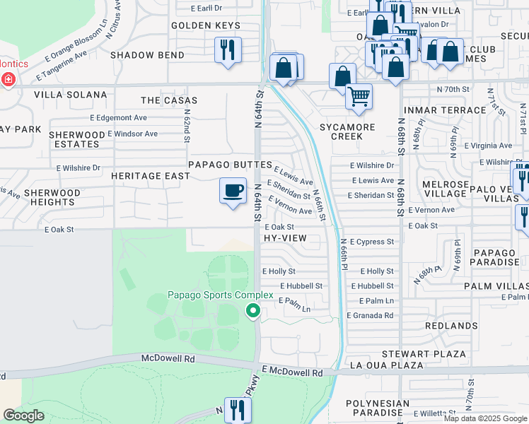 map of restaurants, bars, coffee shops, grocery stores, and more near 2459 North 64th Street in Scottsdale