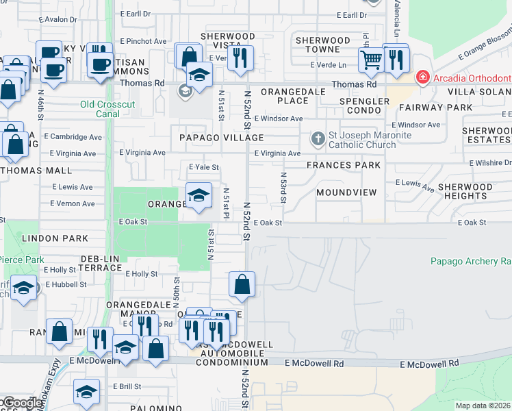 map of restaurants, bars, coffee shops, grocery stores, and more near 2321 North 52nd Street in Phoenix