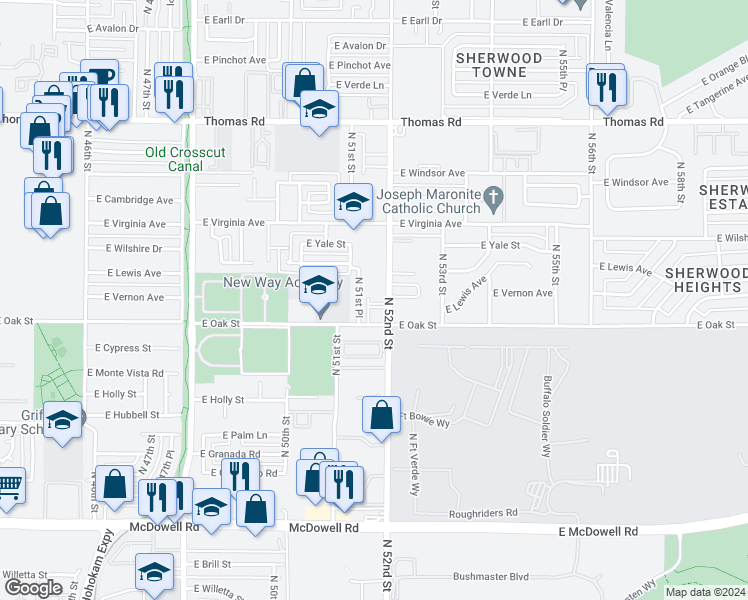 map of restaurants, bars, coffee shops, grocery stores, and more near 2329 North 51st Place in Phoenix