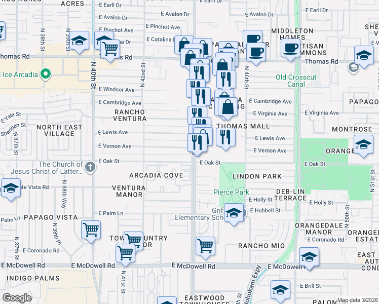 map of restaurants, bars, coffee shops, grocery stores, and more near 2319 North 44th Street in Phoenix