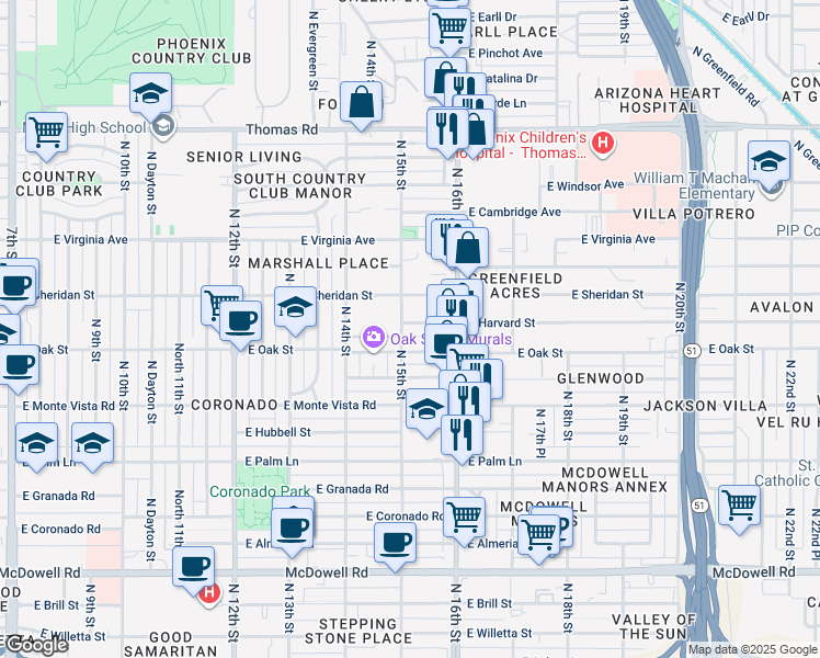 map of restaurants, bars, coffee shops, grocery stores, and more near 2402 North 15th Street in Phoenix