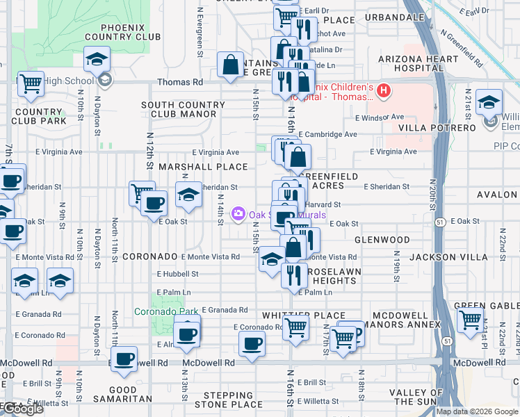 map of restaurants, bars, coffee shops, grocery stores, and more near 2402 North 15th Street in Phoenix