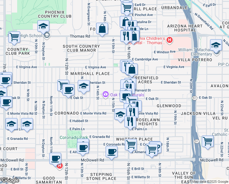 map of restaurants, bars, coffee shops, grocery stores, and more near 2402 North 15th Street in Phoenix