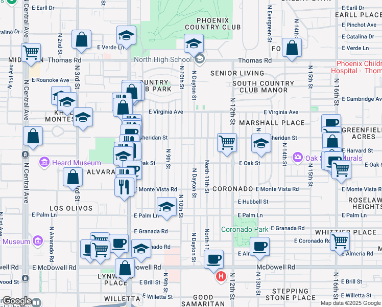 map of restaurants, bars, coffee shops, grocery stores, and more near 2329 North 10th Street in Phoenix