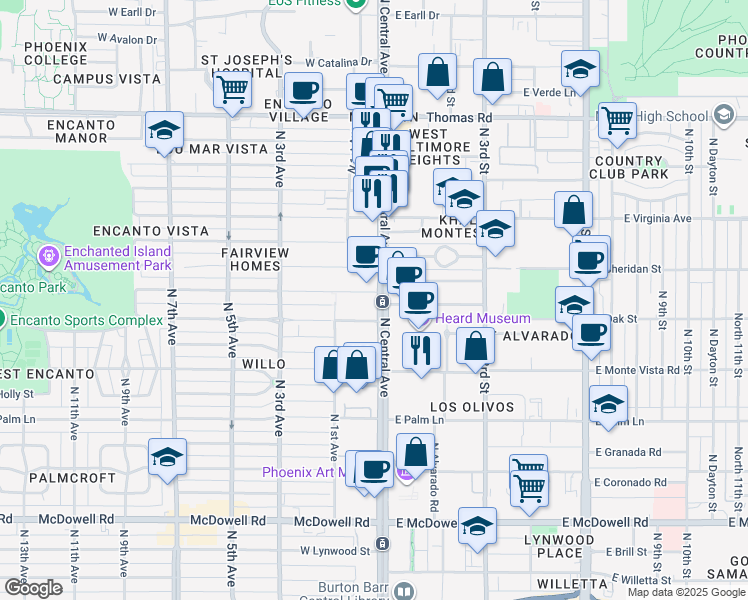 map of restaurants, bars, coffee shops, grocery stores, and more near 2323 North Central Avenue in Phoenix