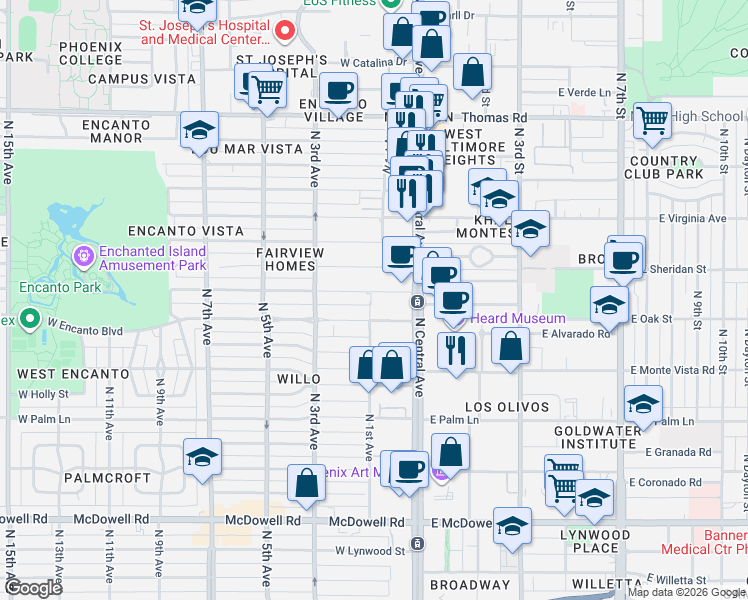 map of restaurants, bars, coffee shops, grocery stores, and more near 29 West Vernon Avenue in Phoenix