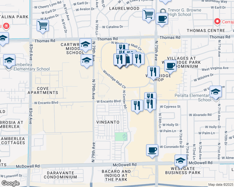 map of restaurants, bars, coffee shops, grocery stores, and more near N Center Rd in Phoenix