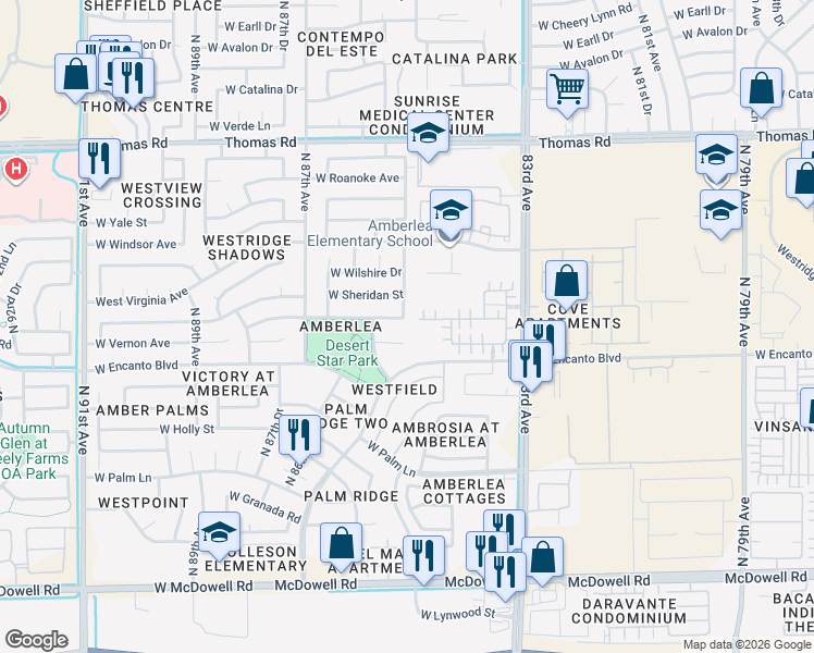 map of restaurants, bars, coffee shops, grocery stores, and more near 8478 West Lewis Avenue in Phoenix