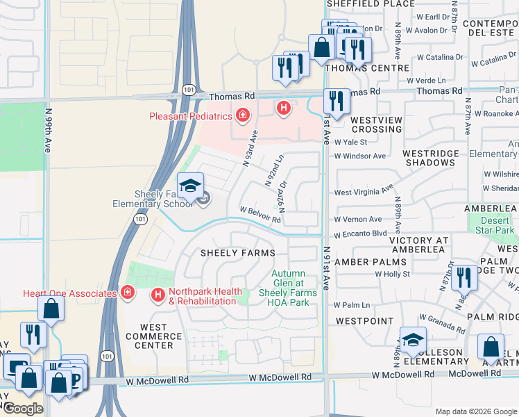 map of restaurants, bars, coffee shops, grocery stores, and more near 2210 North 92nd Glen in Phoenix