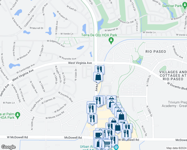 map of restaurants, bars, coffee shops, grocery stores, and more near 15550 West Harvard Street in Goodyear