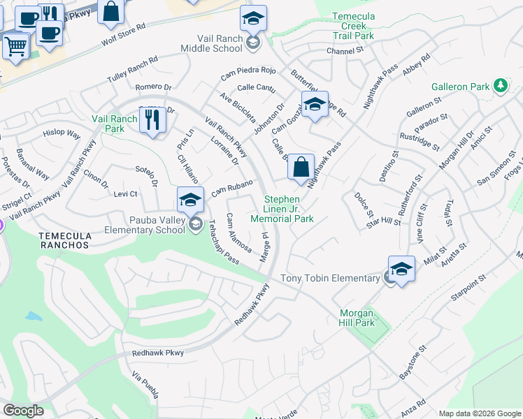 map of restaurants, bars, coffee shops, grocery stores, and more near 44828 Marge Place in Temecula