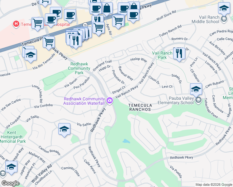 map of restaurants, bars, coffee shops, grocery stores, and more near 32539 Strigel Court in Temecula