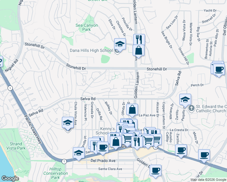 map of restaurants, bars, coffee shops, grocery stores, and more near 33664 Discovery Drive in Dana Point