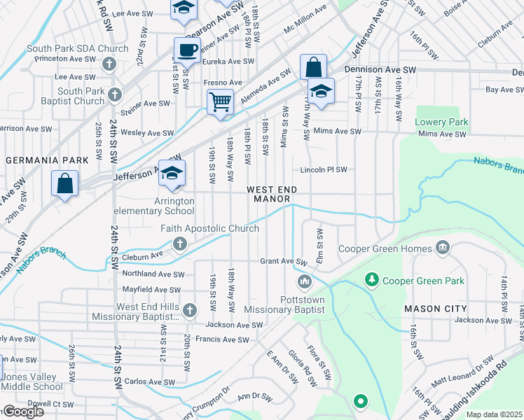 map of restaurants, bars, coffee shops, grocery stores, and more near 1413 18th Street Southwest in Birmingham