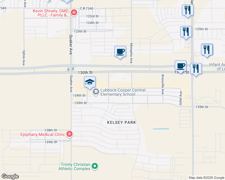 map of restaurants, bars, coffee shops, grocery stores, and more near 3821 133rd Street in Lubbock