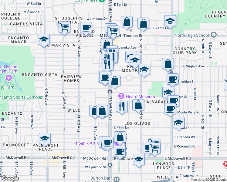 map of restaurants, bars, coffee shops, grocery stores, and more near 2323 North Central Avenue in Phoenix