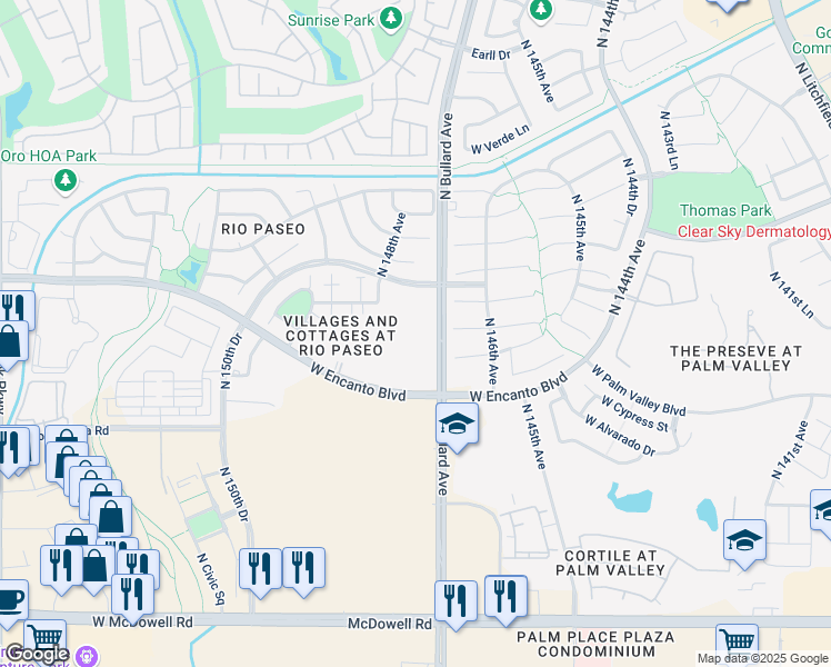 map of restaurants, bars, coffee shops, grocery stores, and more near 2400 North Bullard Avenue in Goodyear