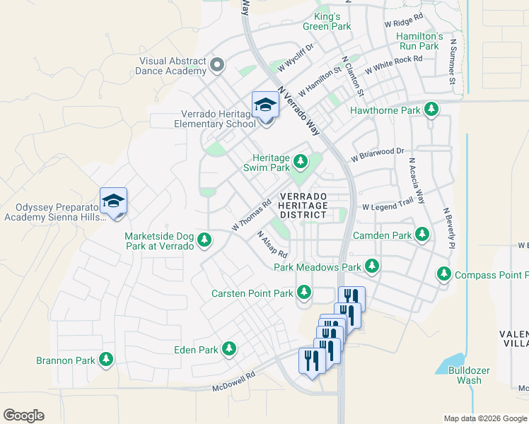 map of restaurants, bars, coffee shops, grocery stores, and more near 20917 West Thomas Road in Buckeye