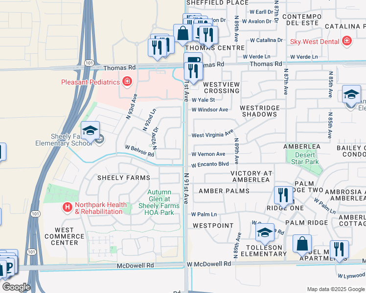 map of restaurants, bars, coffee shops, grocery stores, and more near 9116 West Encanto Boulevard in Phoenix