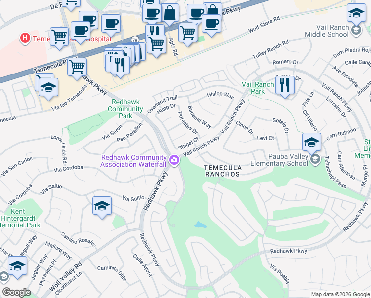 map of restaurants, bars, coffee shops, grocery stores, and more near 32539 Strigel Court in Temecula