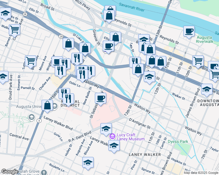 map of restaurants, bars, coffee shops, grocery stores, and more near 1399 Walton Way in Augusta